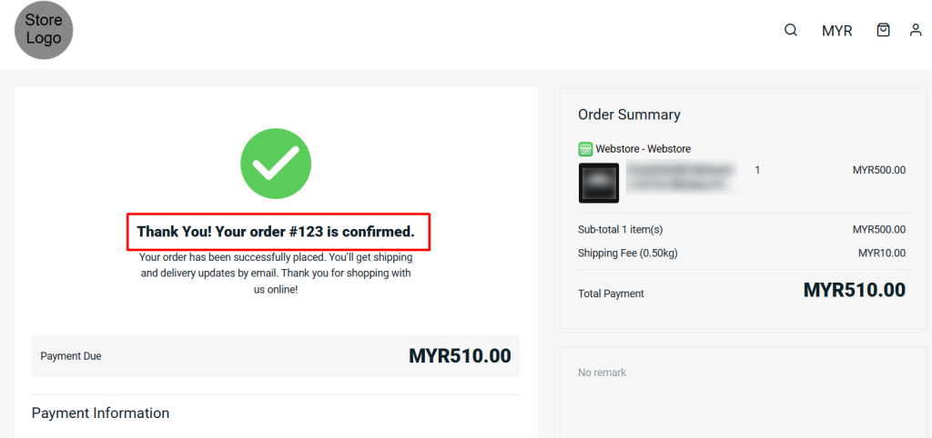 Webstore order confirmation page