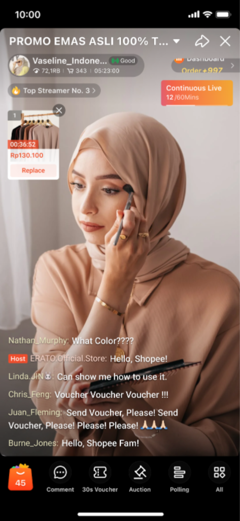 Woman streaming her make up session on Shopee live.