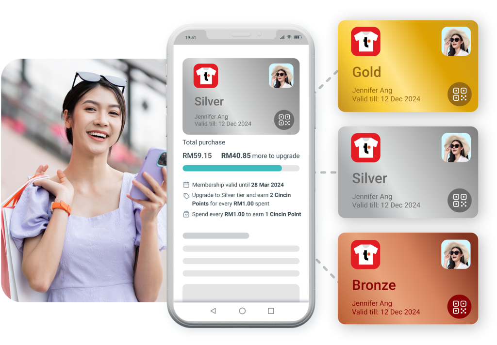 Woman ranking up the membership tier in app, smiling.