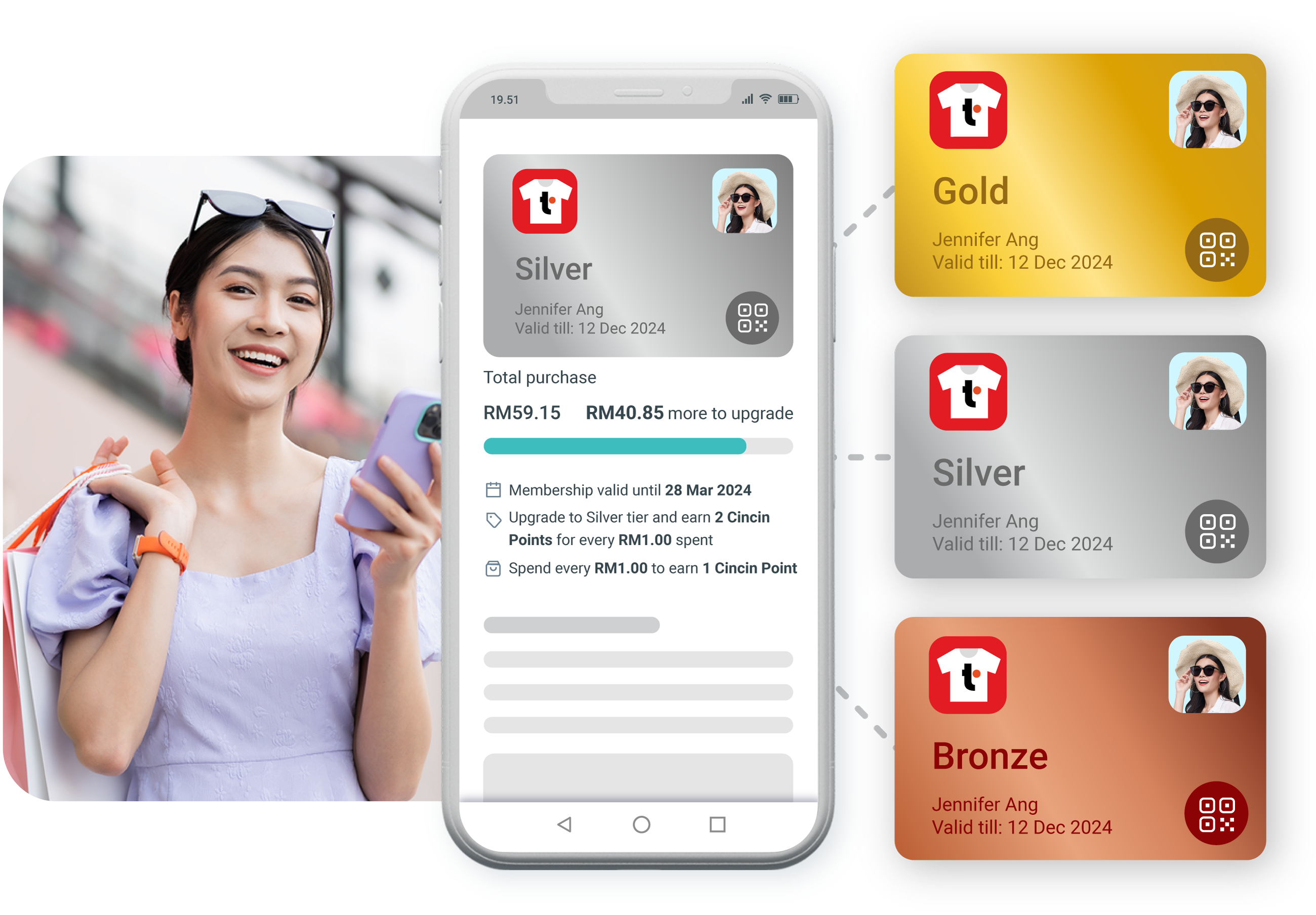 Woman ranking up the membership tier in app, smiling.