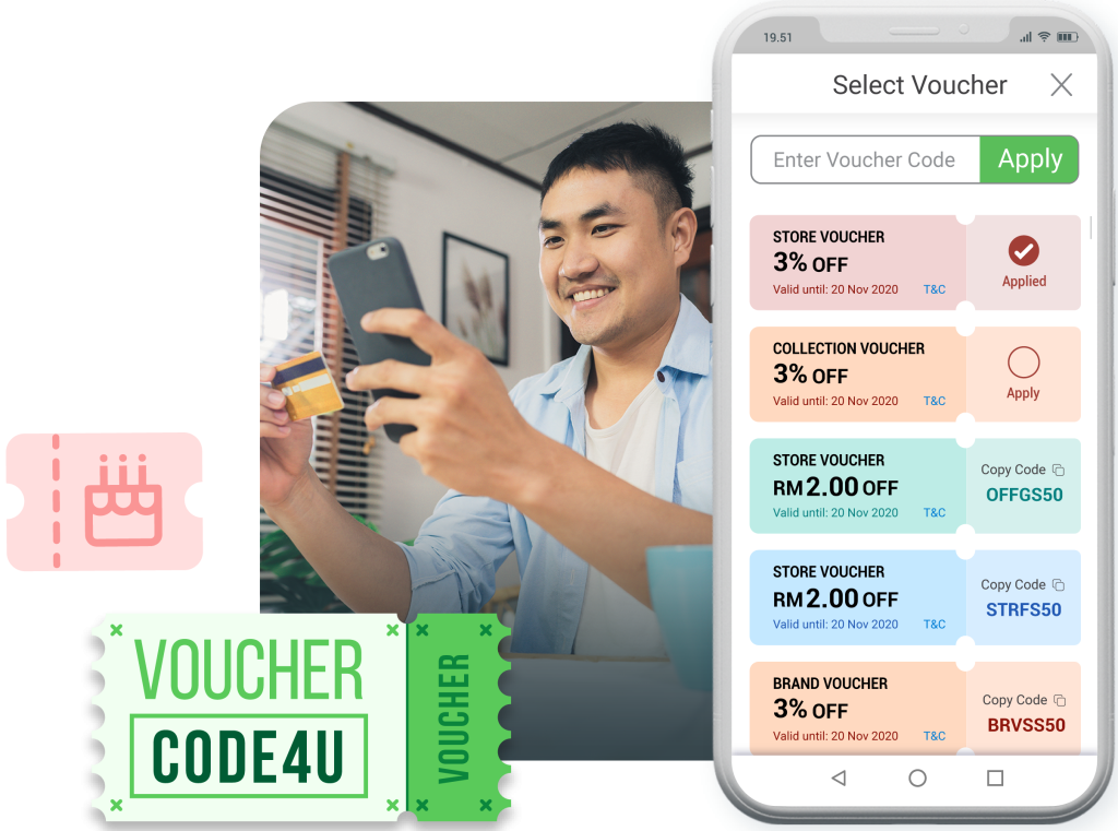Man smiling when redeeming vouchers on loyalty program. 