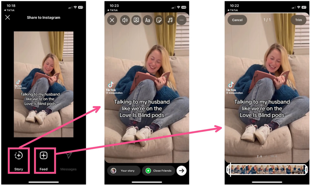 Cross-posting a woman smiling from TikTok to Instagram to increase followers. 