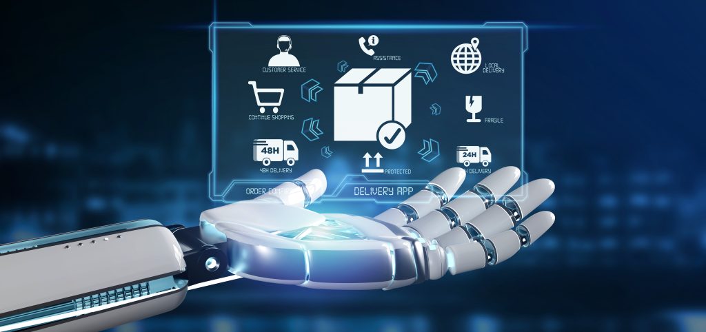 View of a Cyborg hand holding a Logistic delivery application screen 3d rendering