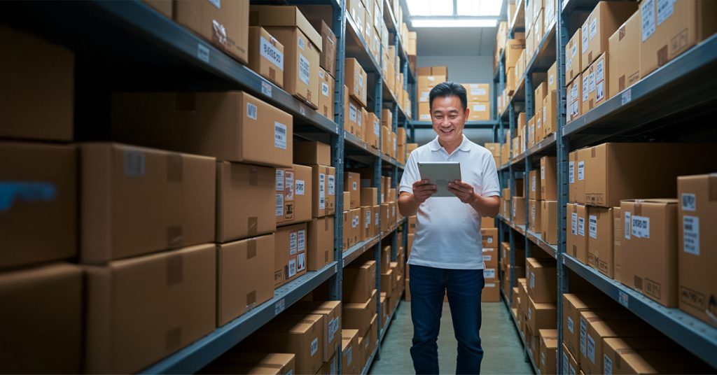 Malaysian SME business owner updating stock levels on a tablet while surrounded by product boxes – inventory management in Malaysia