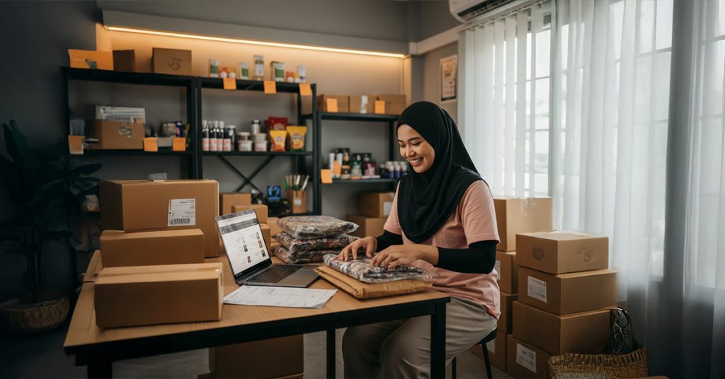 Online seller happy packing white using sitegiant webstore