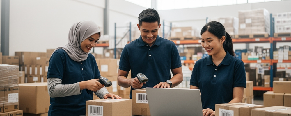 Malaysian businesswoman smiling with her team while scanning products with a barcode scanner in a warehouse – inventory management in Malaysia