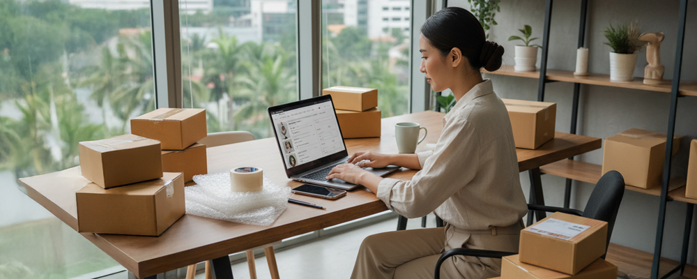 Malaysian SME business owner setting up an online store on a laptop surrounded by products
