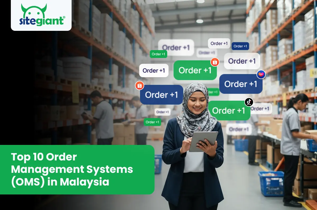 Malaysian SME owner smiling while holding a tablet, surrounded by “Order +1” notifications showing increasing online sales.