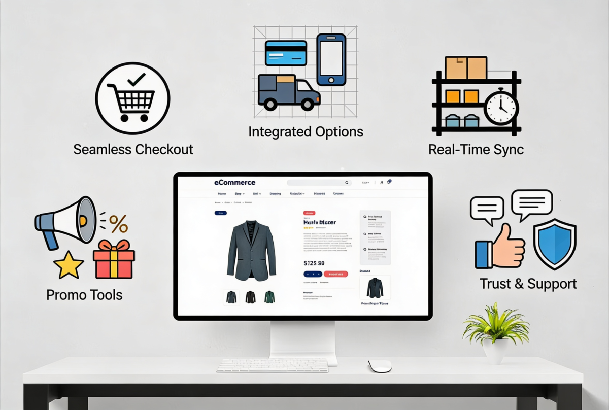 Ecommerce business owner using essential branded webstore features to improve customer experience and increase conversion performance.