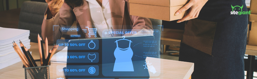 business woman using advanced AI for online shopping.